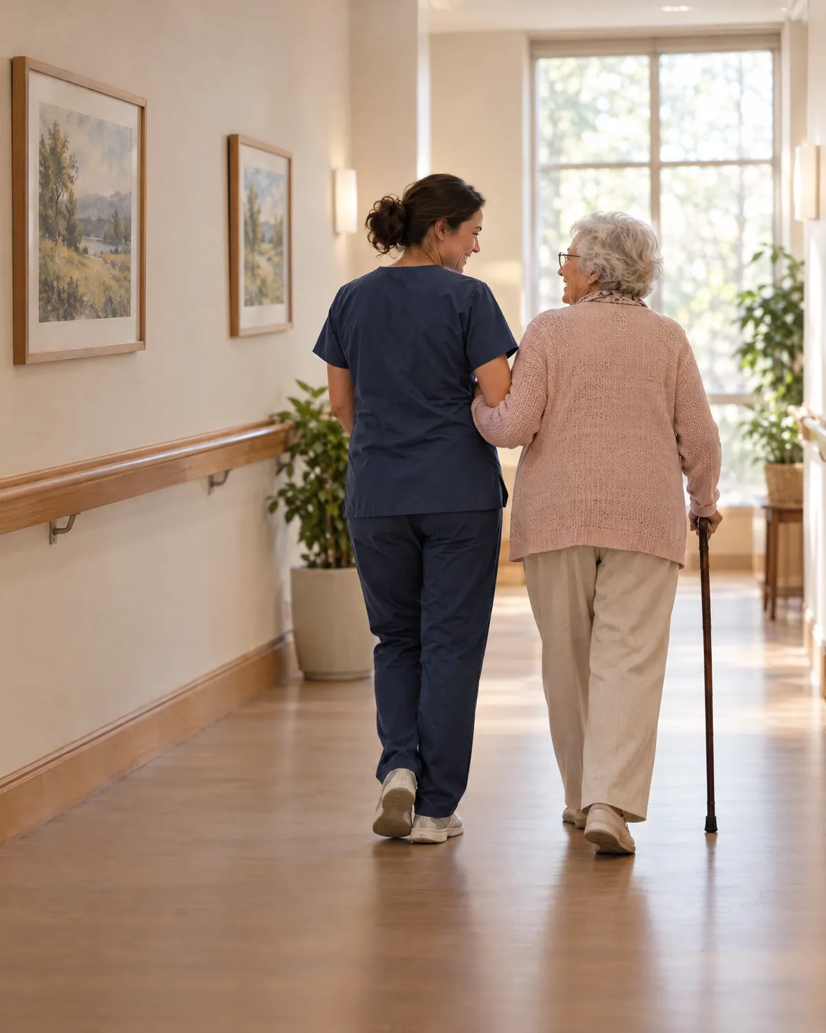 A nurse walks arm in arm with a resident using a cane down a sunlit hallway