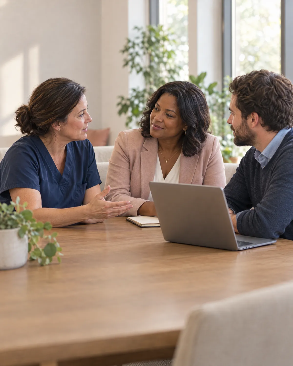 A director of nursing, an administrator and a partner talk around a laptop at a sunlit table