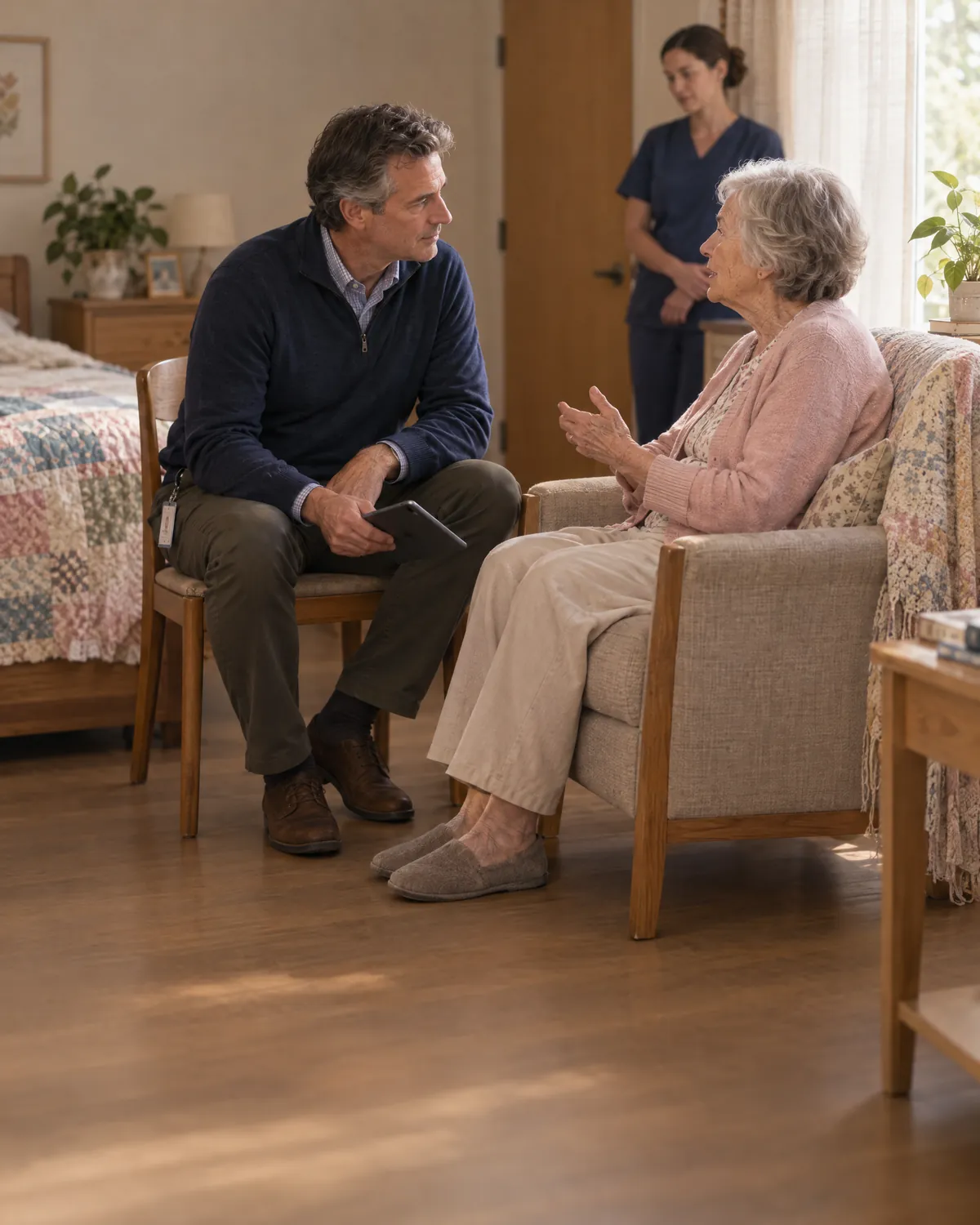 A physician sits with a resident in her room, tablet on his knee, as a nurse waits by the door