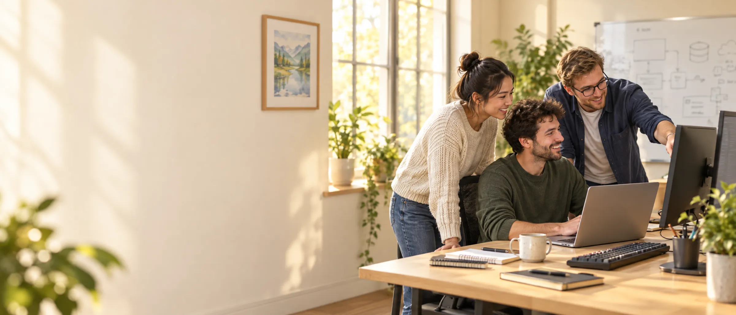 Three engineers talk through work on a laptop and monitor at an oak desk in a sunlit office, a whiteboard of diagrams behind them