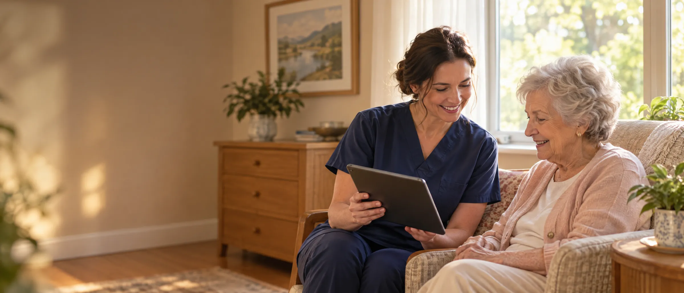A nurse holds a tablet for a resident on a video call in a sunlit resident room