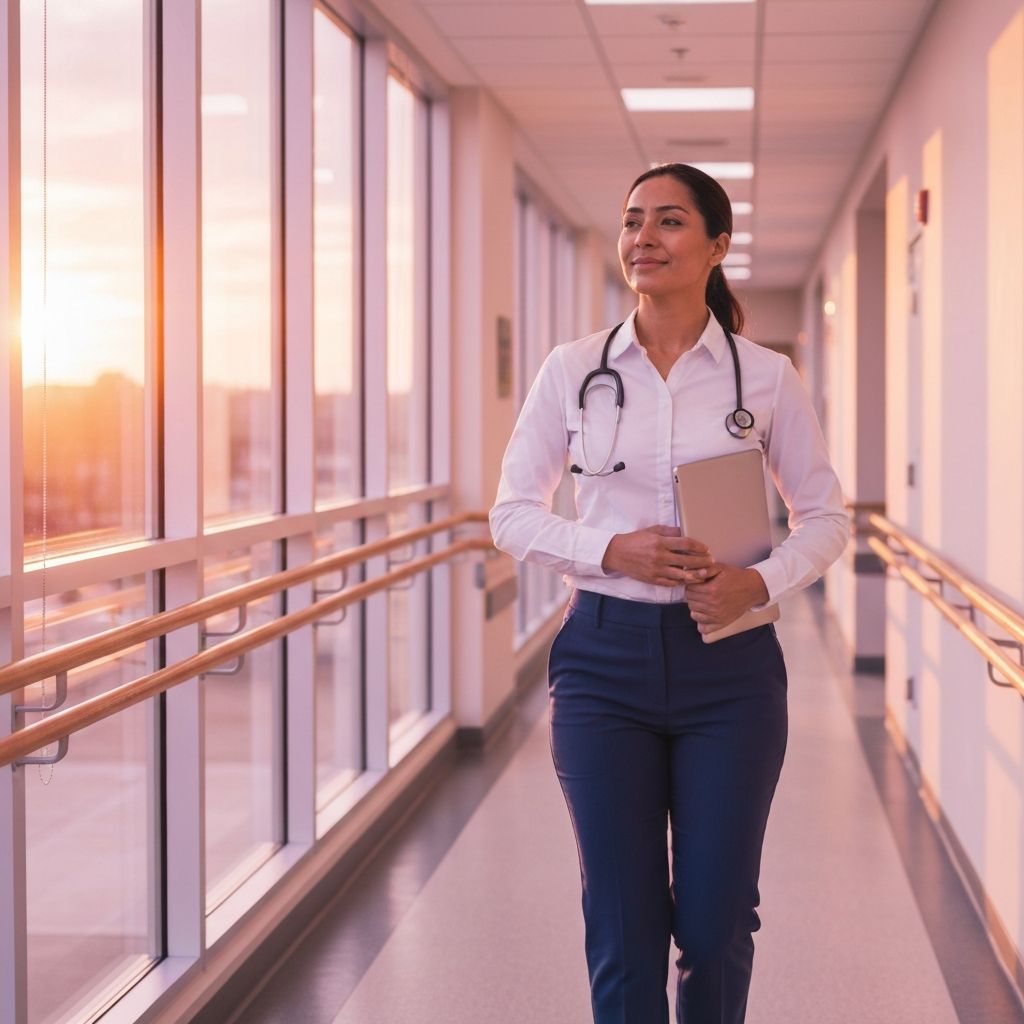 Provider walking down a hallway at golden hour, day complete