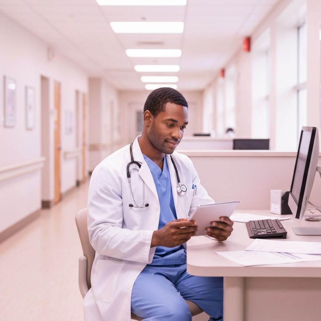 Physician reviewing AI-suggested diagnosis codes on a tablet at a skilled nursing facility nursing station