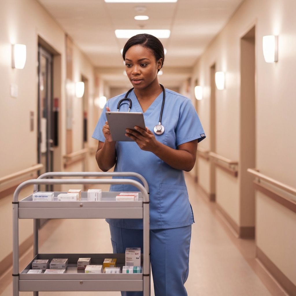 Nurse at a medication cart in a skilled nursing facility hallway initiating a one-tap escalation to a provider
