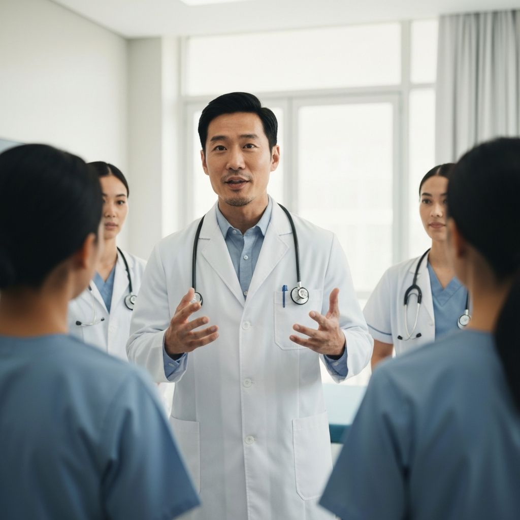 Physician walking out of a skilled nursing facility at sunset