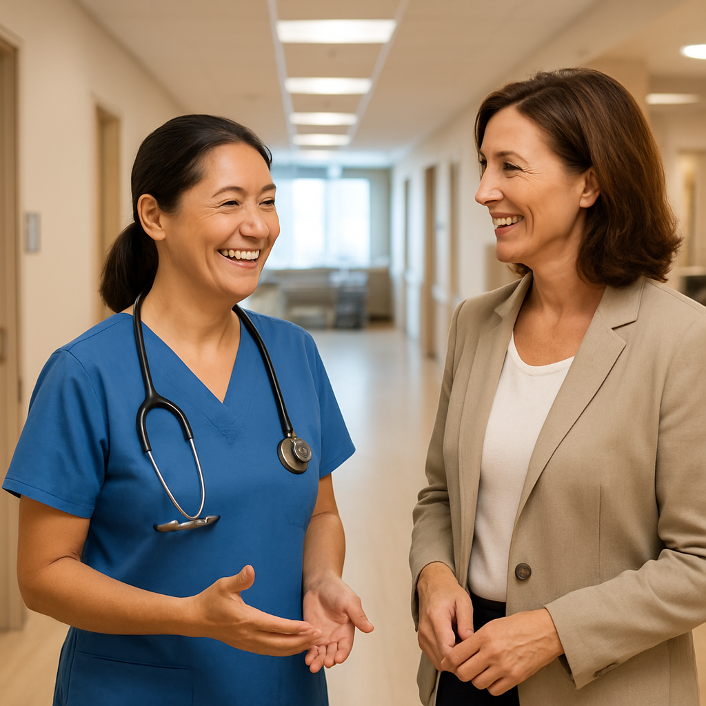Skilled nursing facility director of nursing and administrator chatting in a hallway