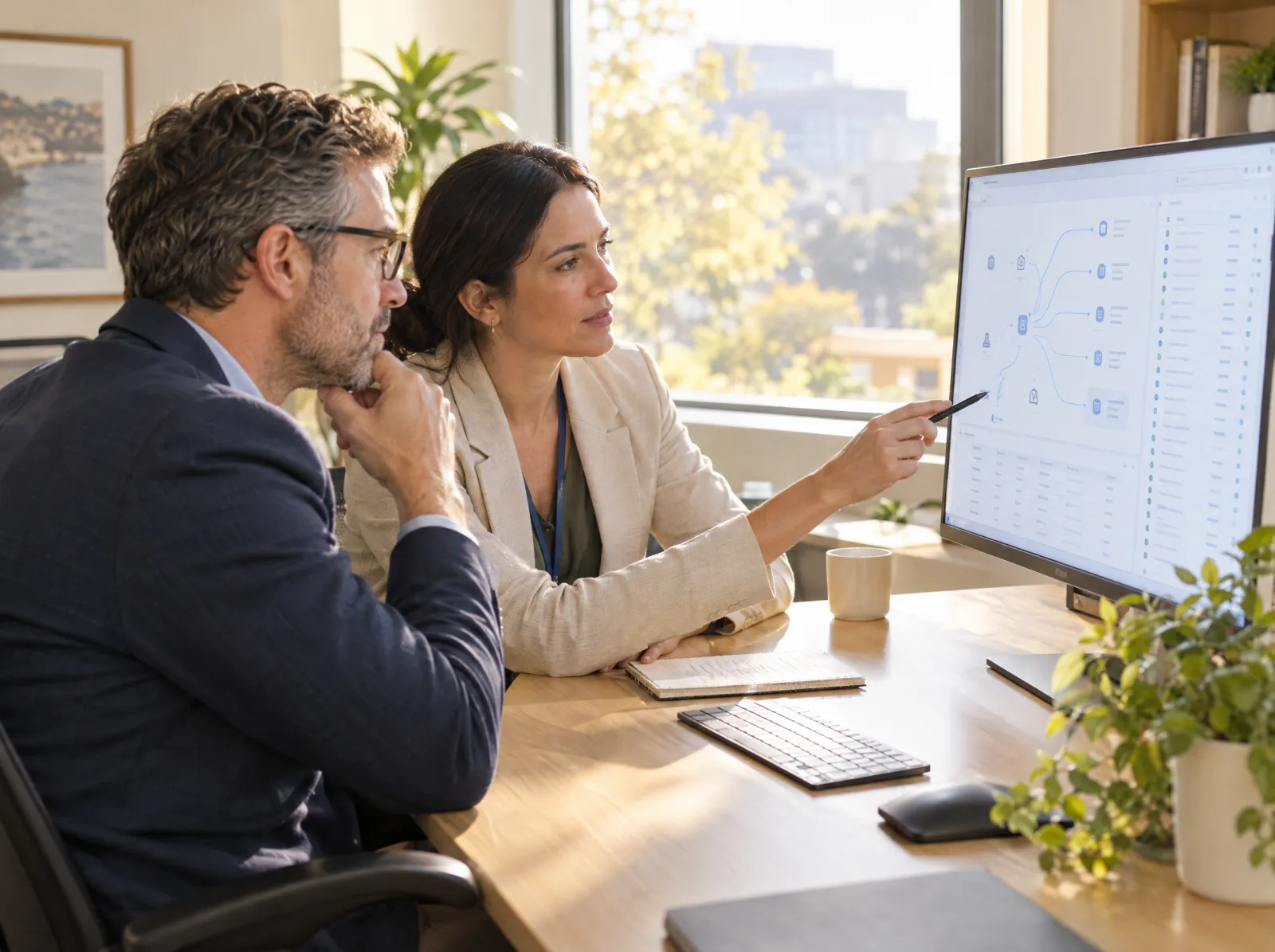 An IT leader and a compliance lead review a connections diagram on a monitor