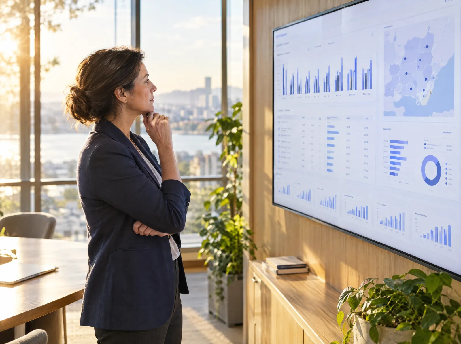 An executive studies a wall screen comparing facilities with charts and a map