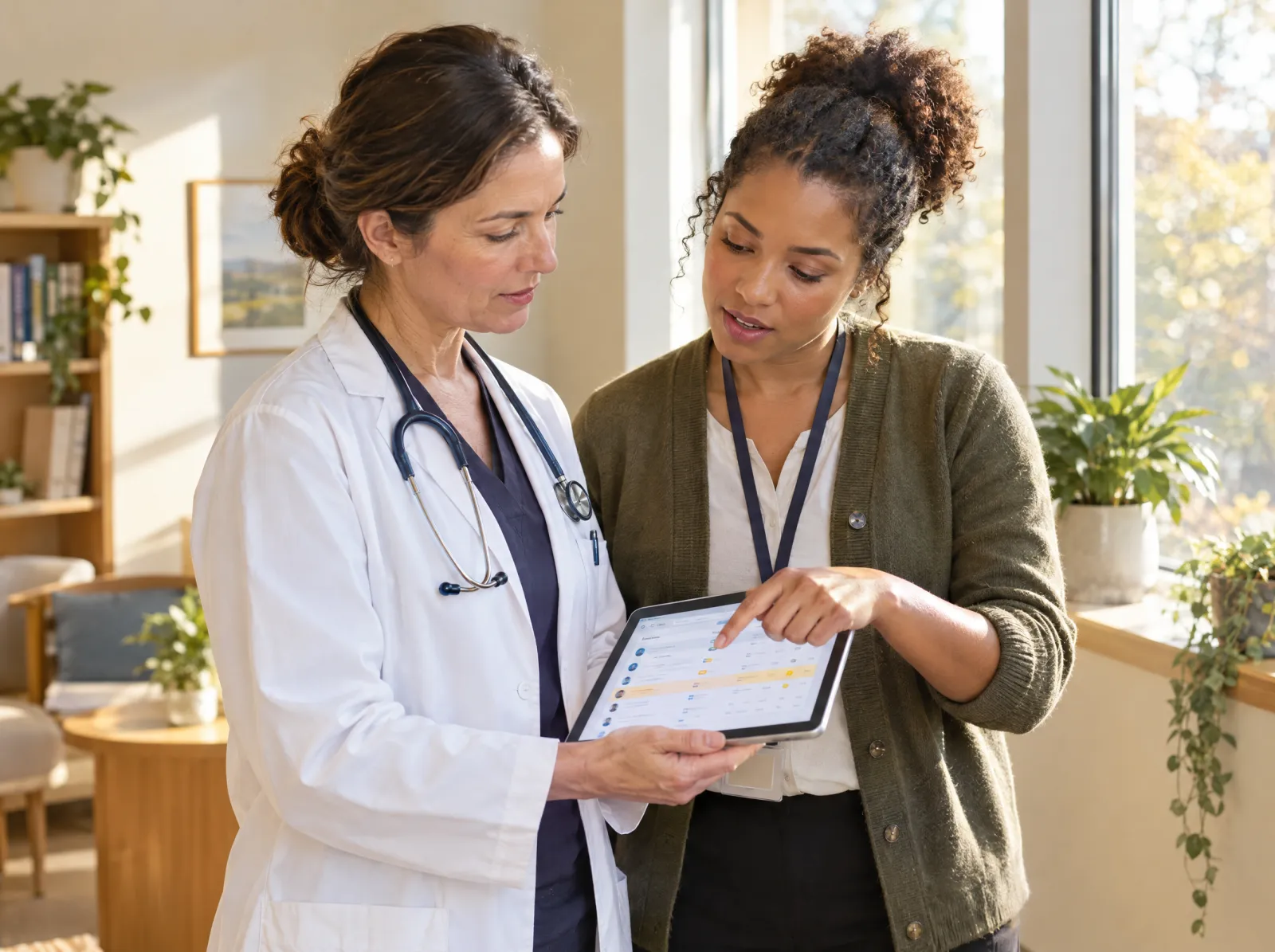 A chief medical officer and a care manager review flagged residents on a tablet