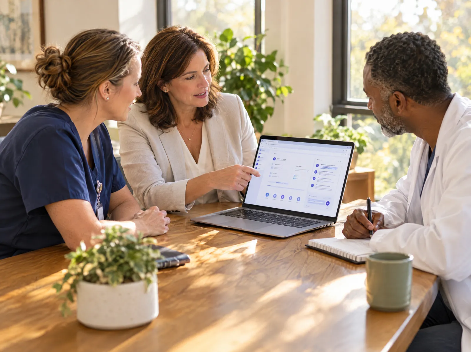 A director of nursing, an executive and a medical director agree on a care standard over a laptop