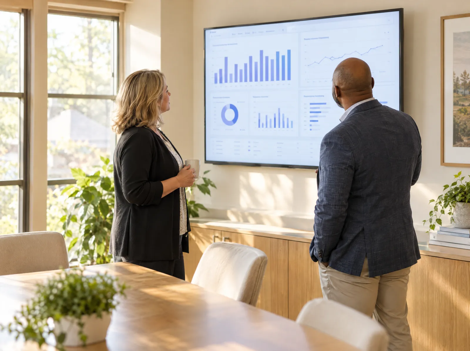 An administrator and a regional operations leader review census charts on a wall screen