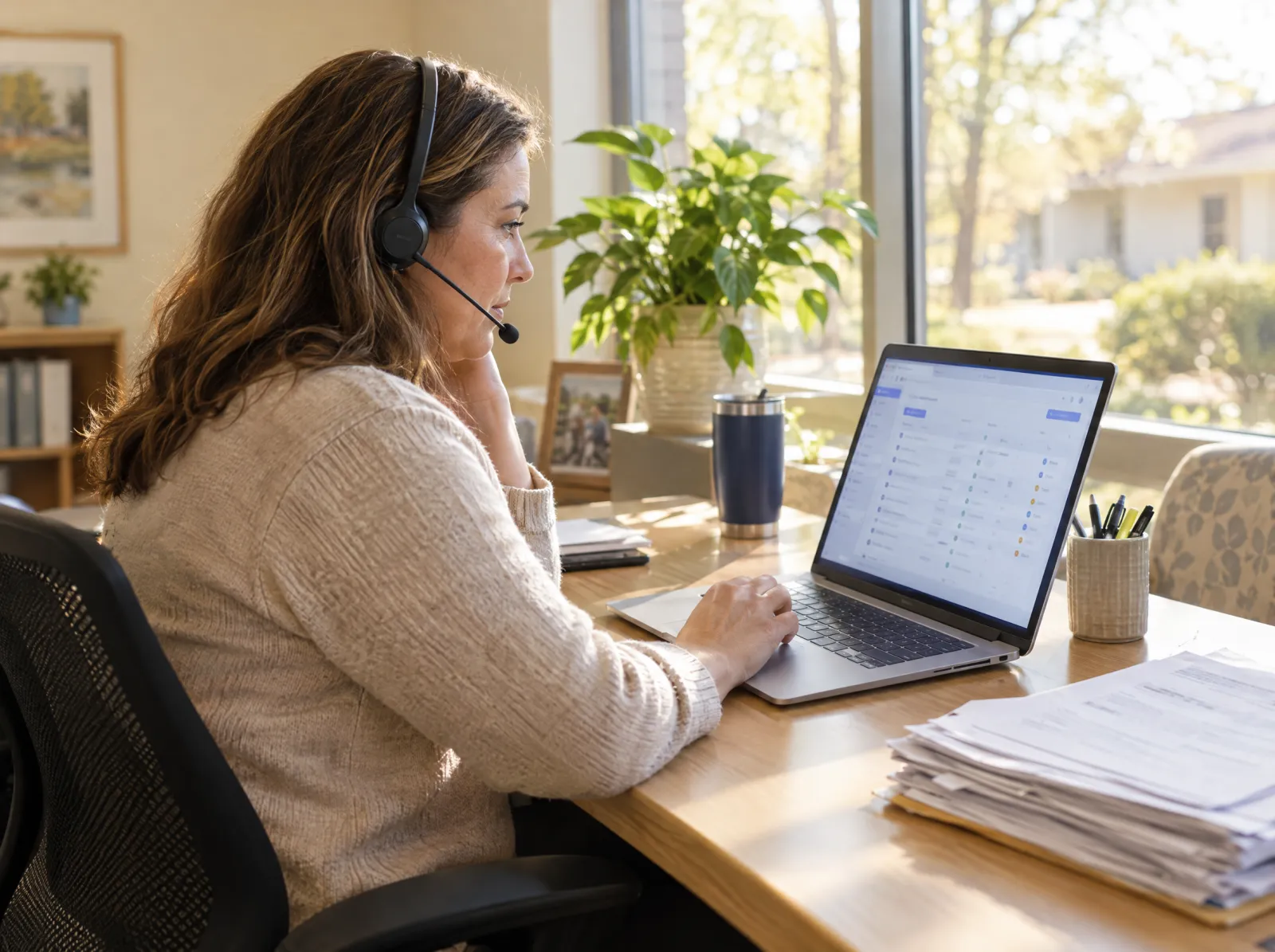 An admissions director in a headset works through referrals on her laptop, a stack of faxes pushed aside