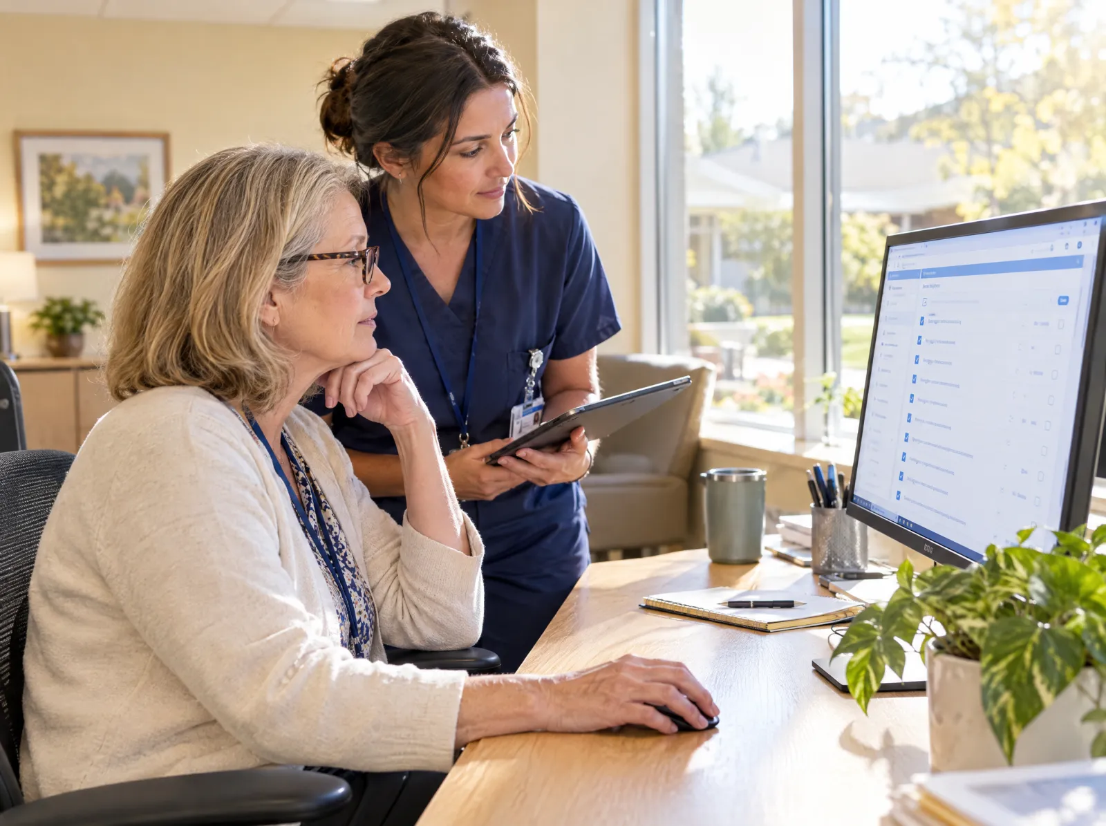 An MDS coordinator reviews documentation on a monitor as a nurse with a tablet looks on