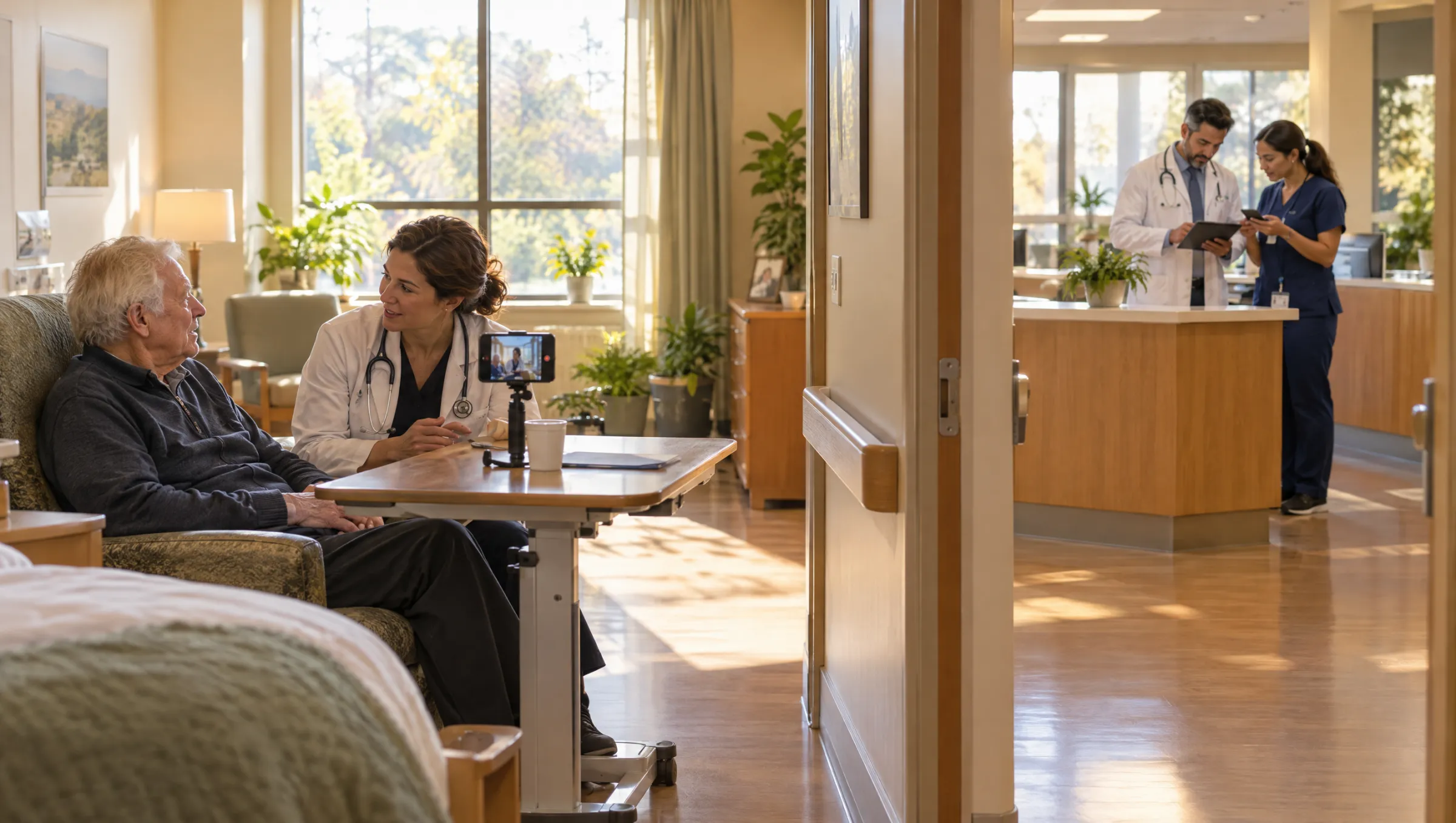 A nurse practitioner talks with a resident as a phone on the table captures the visit, while a physician and a nurse confer over a tablet and phone at the nurse station beyond