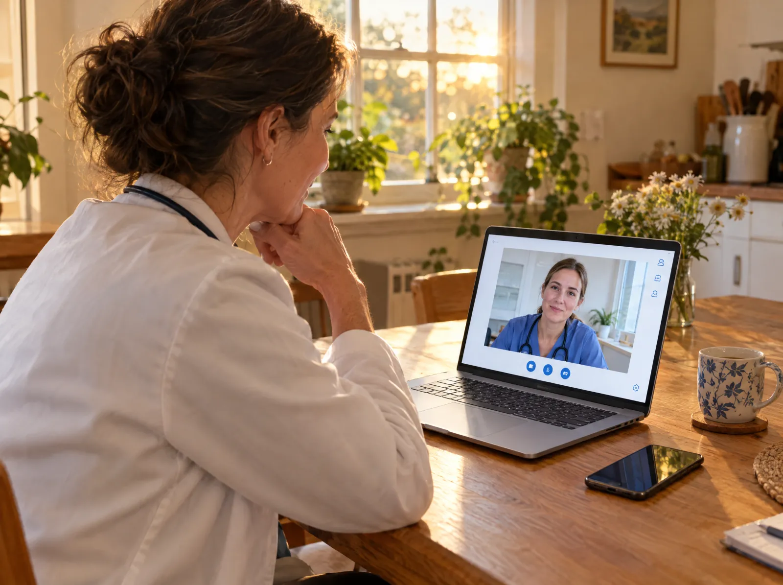 A physician at her kitchen table on a video call with a nurse on her laptop