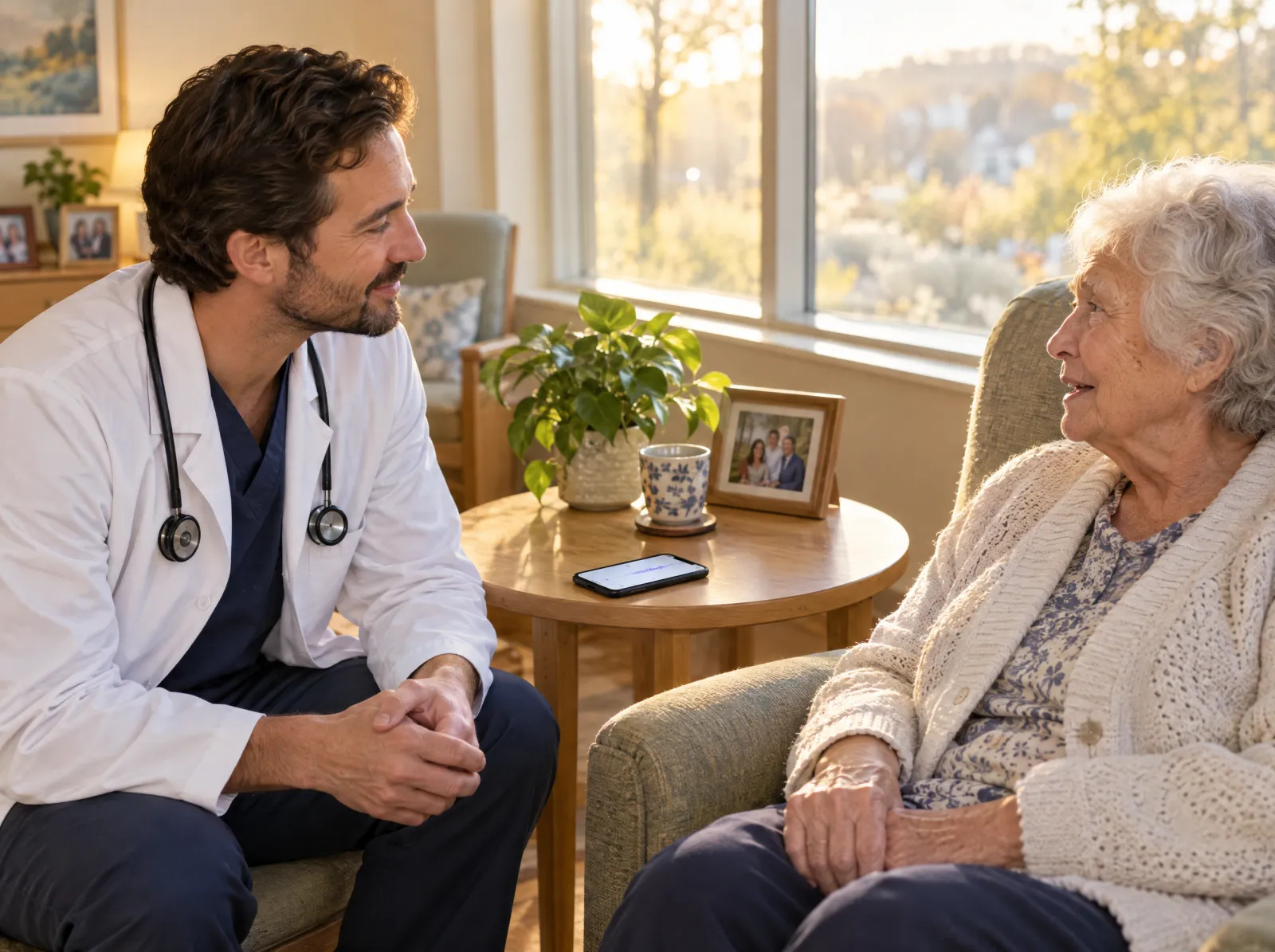 A physician talks with a resident in her room, a phone face up on the table between them