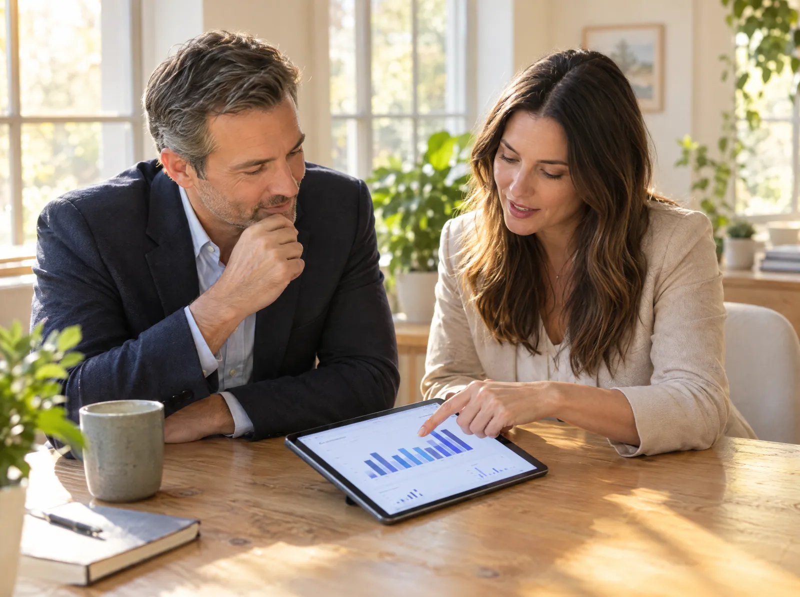 A group owner and a practice manager review bar charts on a tablet