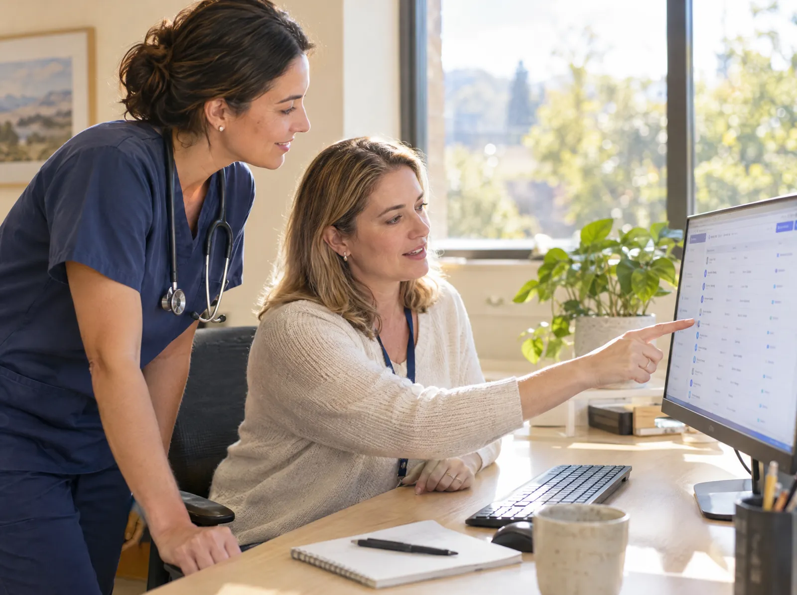 A practice manager points to a list on her monitor as a nurse practitioner looks on
