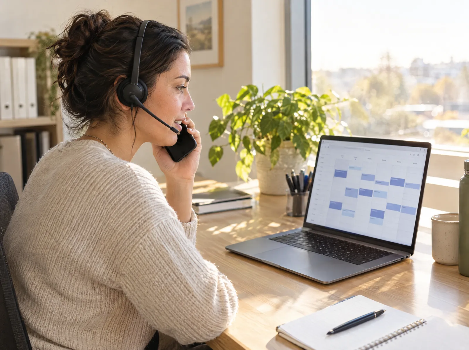A scheduling coordinator on the phone in front of a weekly coverage calendar